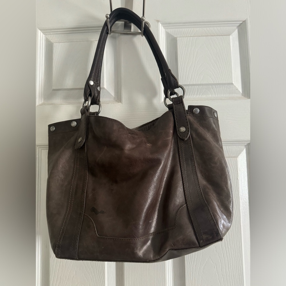 Frye Melissa Shoulder Tote Distressed Dark  Slate Brown Leather MSRP $358